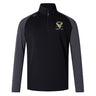 The EMB Canterbury Hornets Rugby Club Elite First Layer is a black/dark gray long-sleeve quarter-zip top with VapoDri technology and a yellow and white embroidered club logo on the left chest.