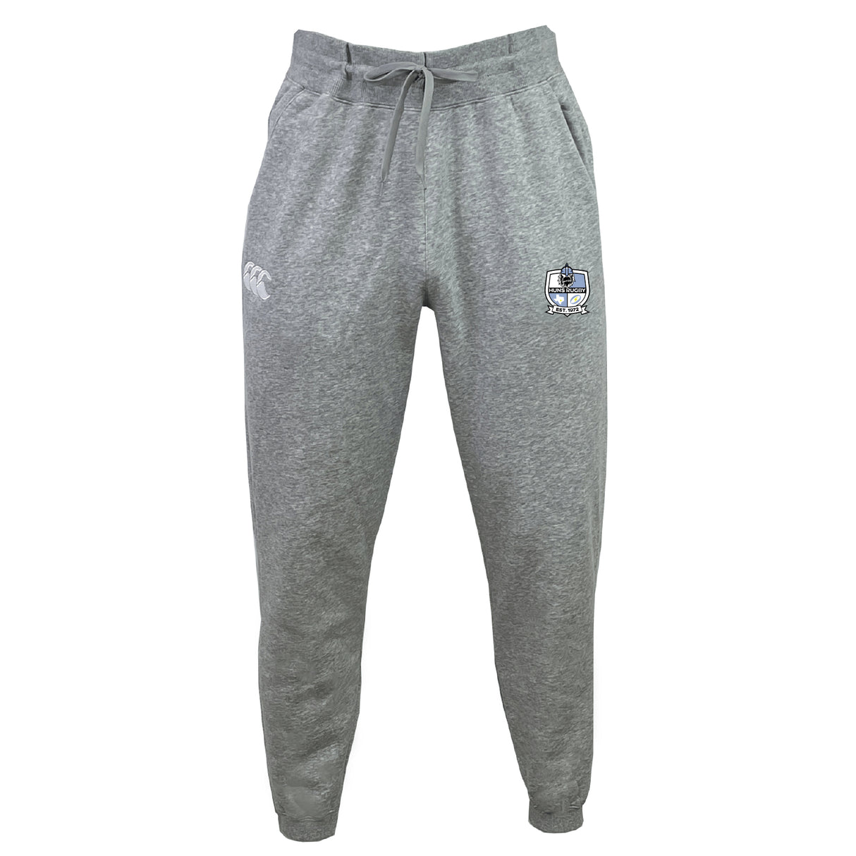 The Austin Huns Rugby Leisure Sweatpant by EMB Canterbury features a gray design with a drawstring waist, tapered legs, a white logo on the left thigh, and a crest with text on the right thigh.