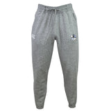 The Austin Huns Rugby Leisure Sweatpant by EMB Canterbury features a gray design with a drawstring waist, tapered legs, a white logo on the left thigh, and a crest with text on the right thigh.