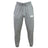 The Clarksville Headhunters Leisure Sweatpant by EMB Canterbury features gray recycled polyester fleece and organic cotton, an elastic waistband with drawstring, and two white logos on the front thighs, shown against a white background.
