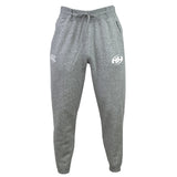 The Clarksville Headhunters Leisure Sweatpant by EMB Canterbury features gray recycled polyester fleece and organic cotton, an elastic waistband with drawstring, and two white logos on the front thighs, shown against a white background.