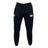 The Clarksville Headhunters Leisure Sweatpant by EMB Canterbury features black organic cotton, an elastic waistband with drawstring, tapered legs, and two white logo prints on the upper front thighs.