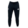 The Clarksville Headhunters Leisure Sweatpant by EMB Canterbury features black organic cotton, an elastic waistband with drawstring, tapered legs, and two white logo prints on the upper front thighs.