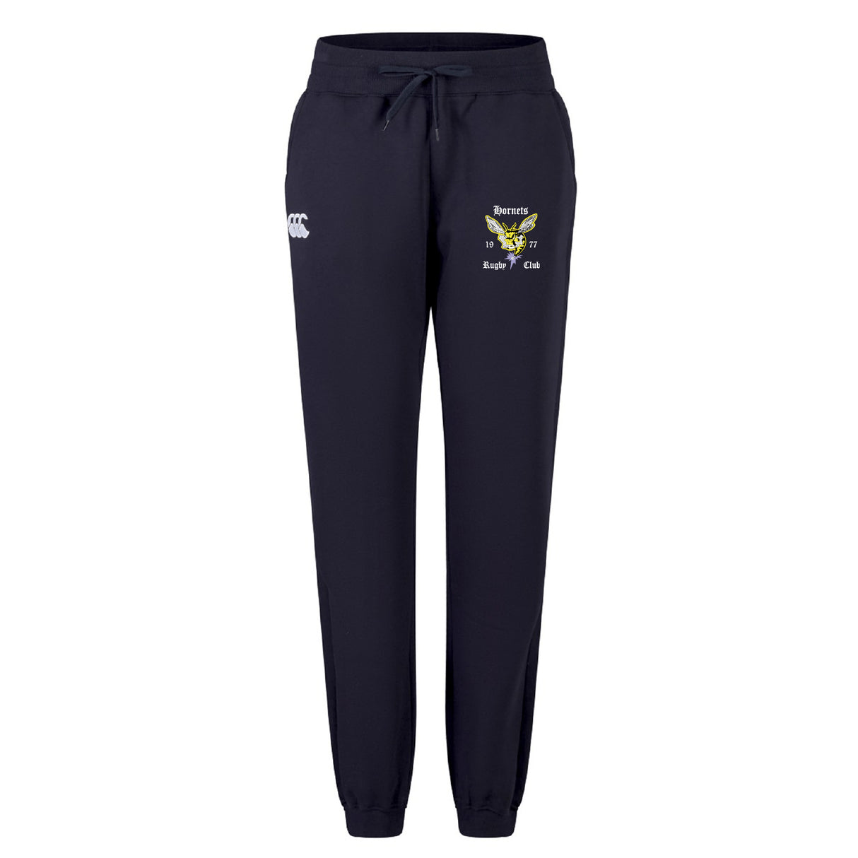 The Hornets Rugby Club Women's Leisure Sweatpant by EMB Canterbury features navy blue jogger design, drawstring waist, elastic cuffs, and embroidered thigh logos—crafted for comfort and inspired by Canterbury rugby apparel.