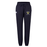 The Hornets Rugby Club Women's Leisure Sweatpant by EMB Canterbury features navy blue jogger design, drawstring waist, elastic cuffs, and embroidered thigh logos—crafted for comfort and inspired by Canterbury rugby apparel.