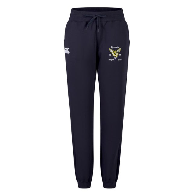 The Hornets Rugby Club Women's Leisure Sweatpant by EMB Canterbury features navy blue jogger design, drawstring waist, elastic cuffs, and embroidered thigh logos—crafted for comfort and inspired by Canterbury rugby apparel.