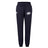 The Clarksville Headhunters Women's Leisure Sweatpant by EMB Canterbury features navy blue organic cotton, an elastic waistband, drawstring, and two white logos—ideal for stylish comfort.