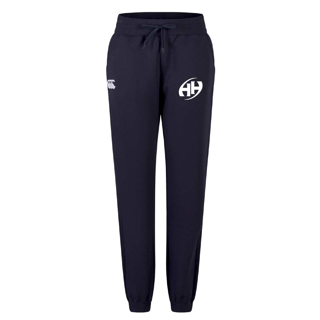 The Clarksville Headhunters Women's Leisure Sweatpant by EMB Canterbury features navy blue organic cotton, an elastic waistband, drawstring, and two white logos—ideal for stylish comfort.