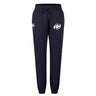 The Clarksville Headhunters Women's Leisure Sweatpant by EMB Canterbury features navy blue organic cotton, an elastic waistband, drawstring, and two white logos—ideal for stylish comfort.