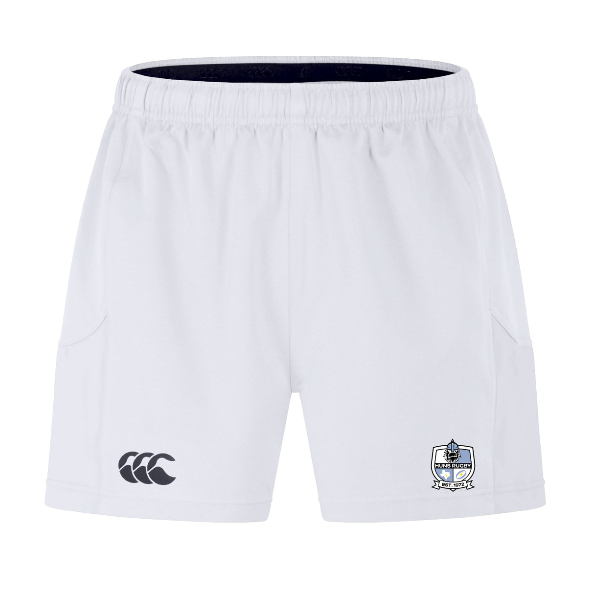 White performance training shorts with elastic waistband, featuring the EMB Canterbury logo on the left leg and an Austin Huns Rugby crest on the right, crafted as part of the Advantage Short 2.0 sustainable sportswear range.