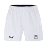 White performance training shorts with elastic waistband, featuring the EMB Canterbury logo on the left leg and an Austin Huns Rugby crest on the right, crafted as part of the Advantage Short 2.0 sustainable sportswear range.