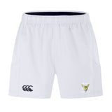 Hornets Rugby Club Advantage Short 2.0 by EMB Canterbury: white performance training shorts with side pockets, black CCC logo on the left leg, and Hornets Rugby Club crest on the right—ideal for sustainable sportswear fans.