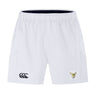 Hornets Rugby Club Advantage Short 2.0 by EMB Canterbury: white performance training shorts with side pockets, black CCC logo on the left leg, and Hornets Rugby Club crest on the right—ideal for sustainable sportswear fans.