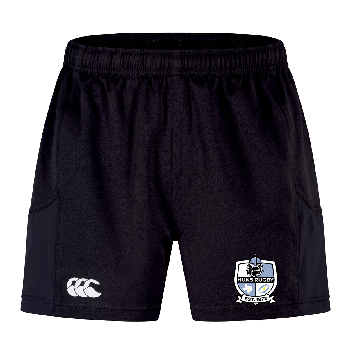 The Austin Huns Rugby Advantage Short 2.0 by EMB Canterbury features the Canterbury logo on the left and the Huns Rugby club crest on the right leg—crafted for sustainable sportswear enthusiasts.
