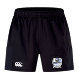 The Austin Huns Rugby Advantage Short 2.0 by EMB Canterbury features the Canterbury logo on the left and the Huns Rugby club crest on the right leg—crafted for sustainable sportswear enthusiasts.