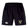 The Hornets Rugby Club Advantage Short 2.0 by EMB Canterbury is a black sustainable performance short with the Canterbury logo and a yellow hornet emblem plus "Hornets Rugby Club 1977" on the right leg, designed in the classic Advantage 2.0 style.