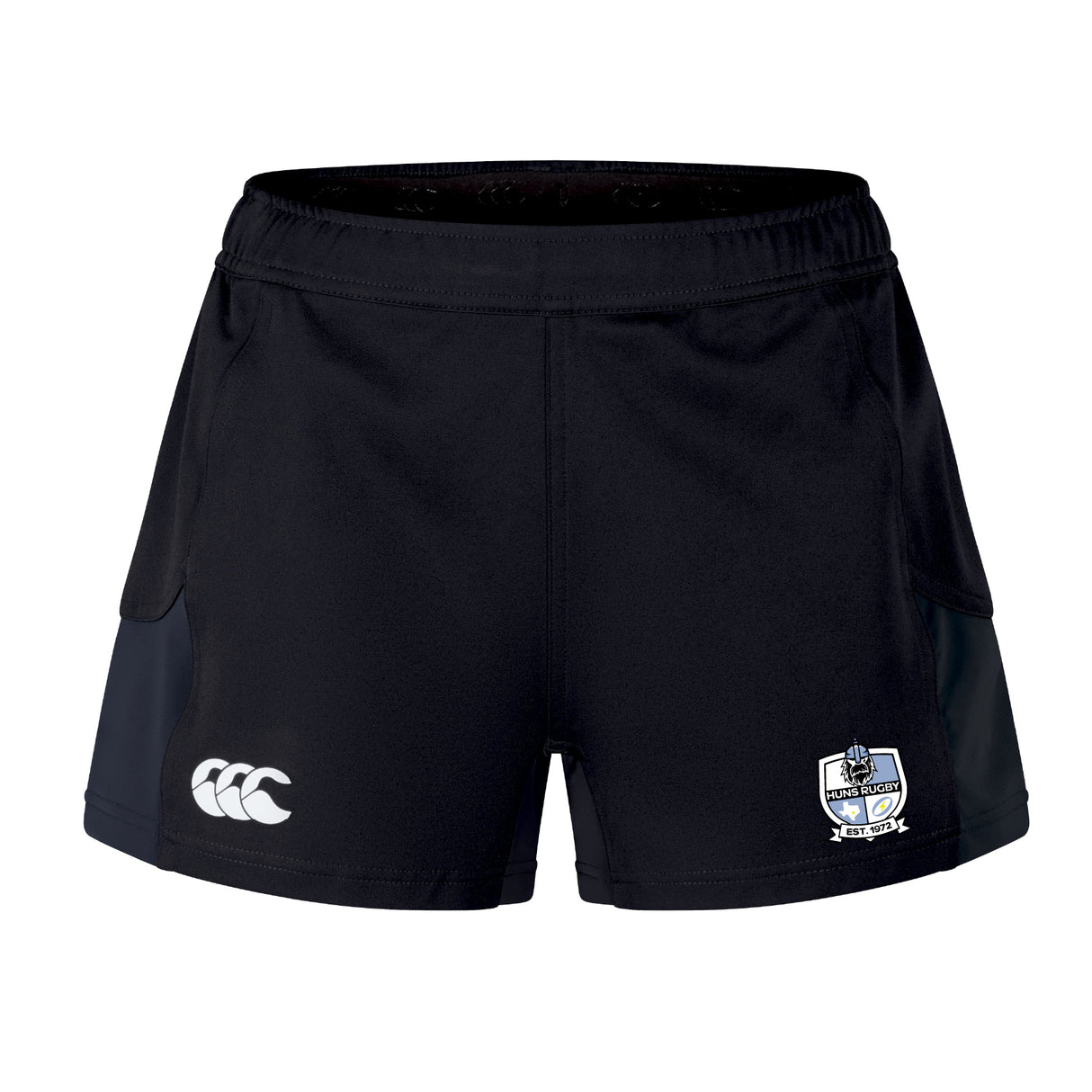 The Austin Huns Rugby Women's Advantage Short 2.0 by EMB Canterbury features a logo on the left leg and a crest on the right, made from recycled materials for a sustainable choice.
