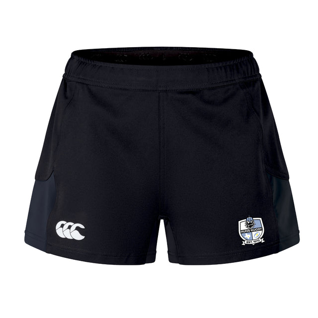 The Austin Huns Rugby Women's Advantage Short 2.0 by EMB Canterbury features a logo on the left leg and a crest on the right, made from recycled materials for a sustainable choice.