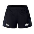 The Clarksville Headhunters Women's Advantage Short 2.0 by EMB Canterbury are black training shorts with a white Canterbury logo on the left leg and a white circular “HH” logo on the right, designed for comfort and movement.