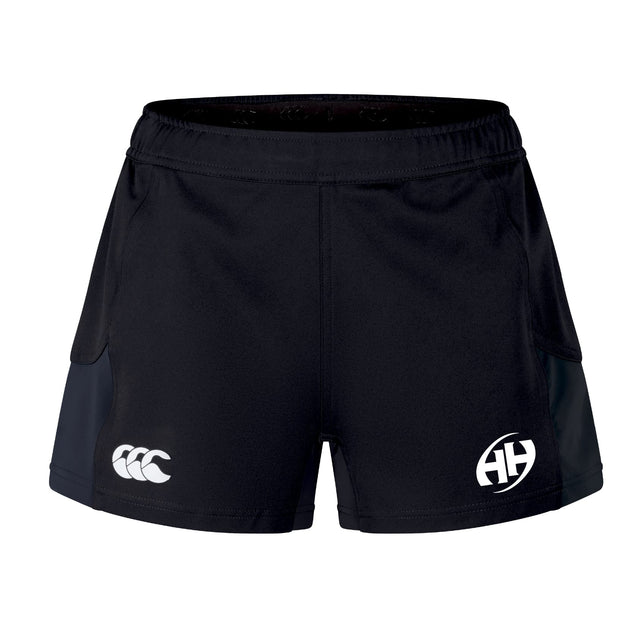 The Clarksville Headhunters Women's Advantage Short 2.0 by EMB Canterbury are black training shorts with a white Canterbury logo on the left leg and a white circular “HH” logo on the right, designed for comfort and movement.
