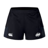 The Clarksville Headhunters Women's Advantage Short 2.0 by EMB Canterbury are black training shorts with a white Canterbury logo on the left leg and a white circular “HH” logo on the right, designed for comfort and movement.