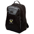 The Hornets Rugby Club Medium Backpack by EMB Canterbury has gray accents, a front "Hornets Rugby Club" logo, side mesh pocket, top handle, padded laptop pocket, and is water repellent.