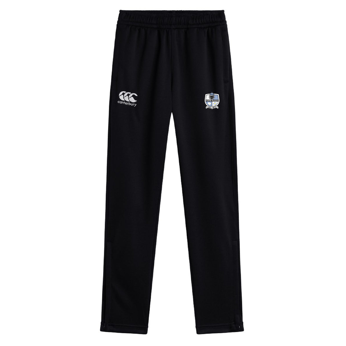 The Austin Huns Rugby Stretch Tapered Pant by EMB Canterbury features an elastic waistband, quick dry fabric, and dual thigh logos—combining comfort and style for black men's daily training sessions.