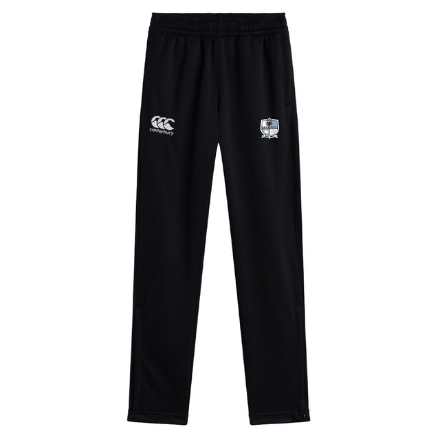 The Austin Huns Rugby Stretch Tapered Pant by EMB Canterbury features an elastic waistband, quick dry fabric, and dual thigh logos—combining comfort and style for black men's daily training sessions.