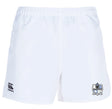 The Austin Huns Rugby Player's Drill Short by EMB Canterbury features an elastic waistband, Canterbury logo on the left leg, and a Nuns Rugby logo on the right for classic athletic style.