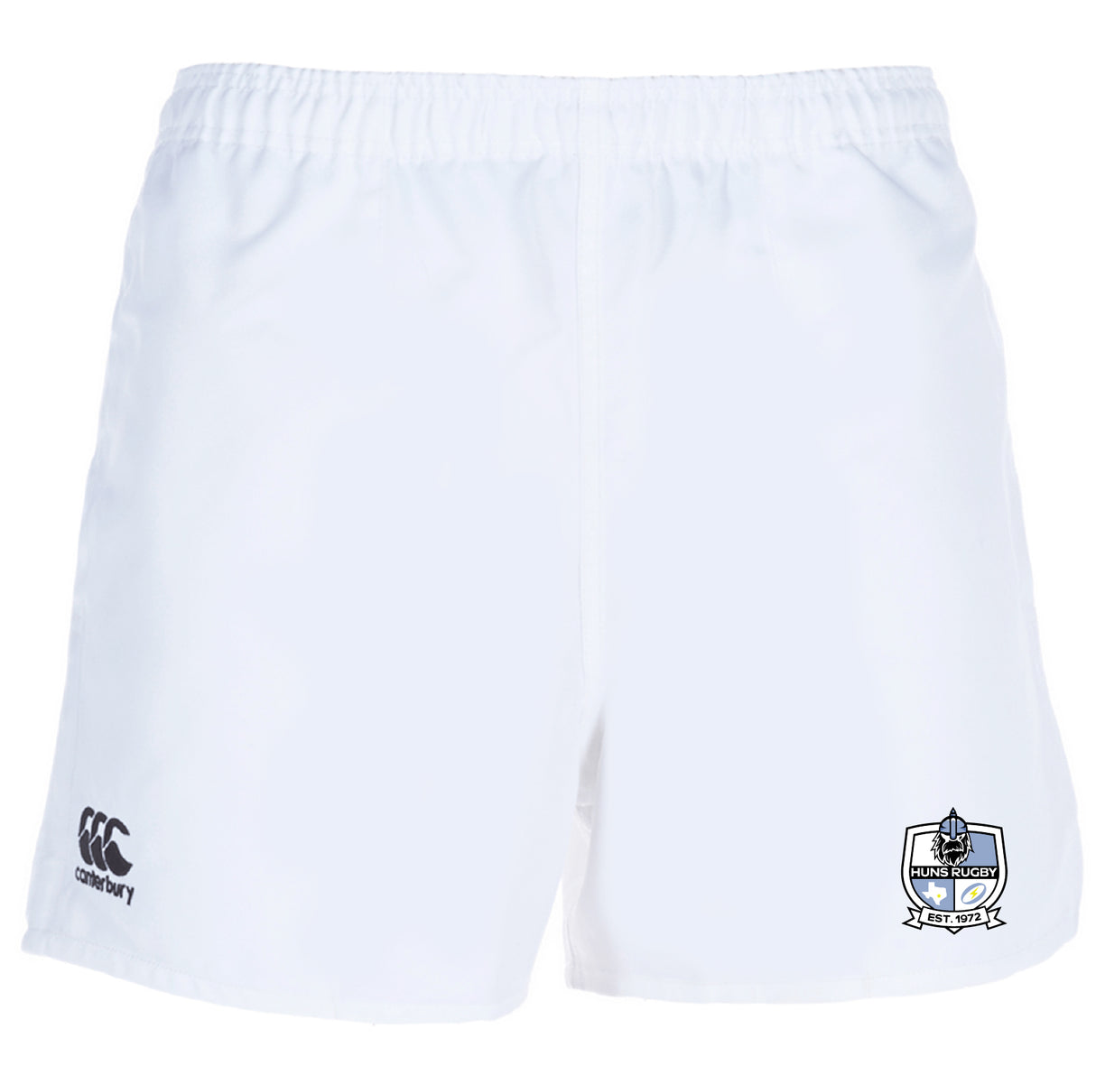 The Austin Huns Rugby Player's Drill Short by EMB Canterbury features an elastic waistband, Canterbury logo on the left leg, and a Nuns Rugby logo on the right for classic athletic style.