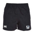 The Austin Huns Rugby Professional Polyester Rugby Short by EMB Canterbury features an elastic waistband, durable pockets, the Canterbury logo on the left leg, and the Austin Huns crest on the right for comfort and performance.