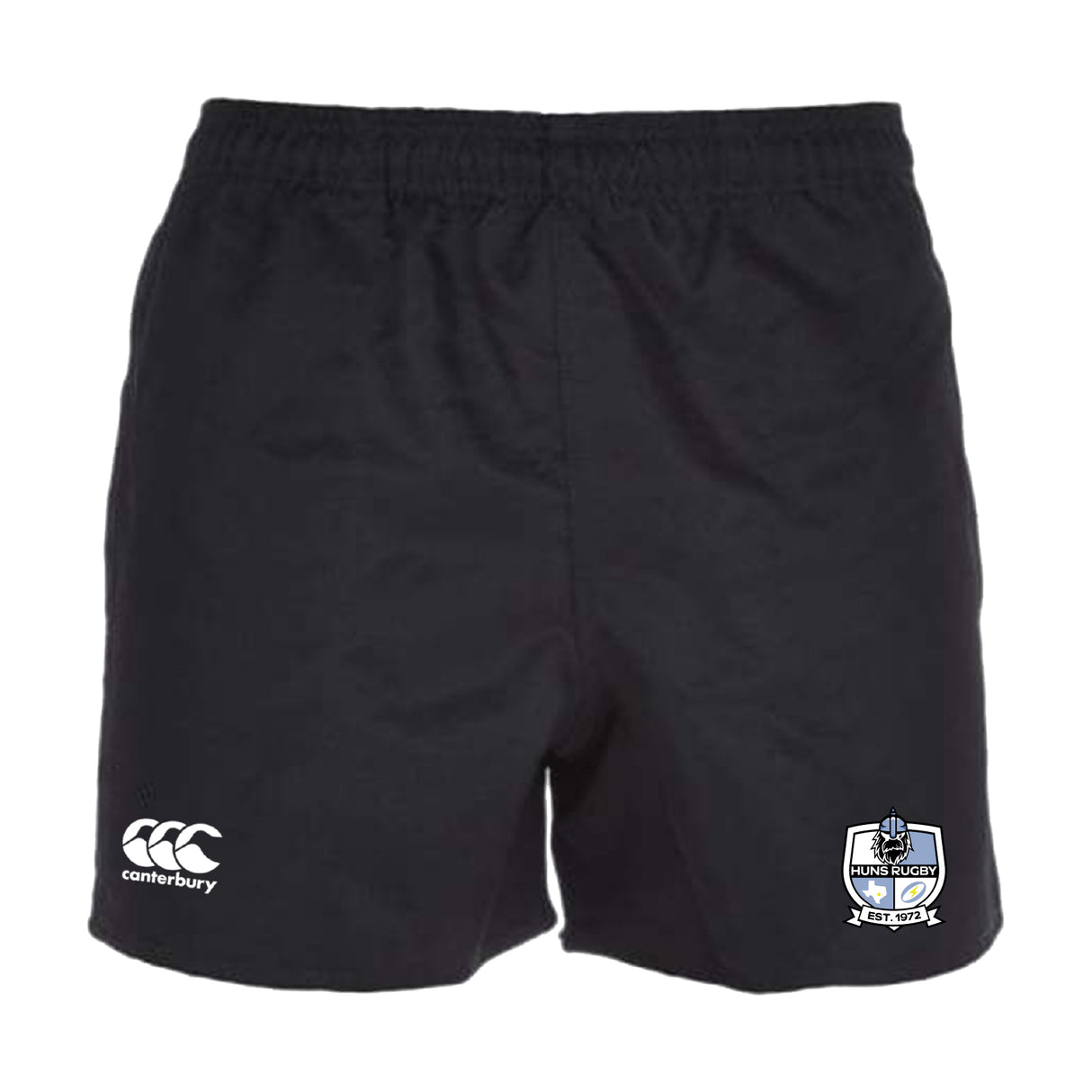 The Austin Huns Rugby Professional Polyester Rugby Short by EMB Canterbury features an elastic waistband, durable pockets, the Canterbury logo on the left leg, and the Austin Huns crest on the right for comfort and performance.