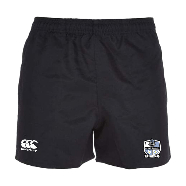 The Austin Huns Rugby Professional Polyester Rugby Short by EMB Canterbury features an elastic waistband, durable pockets, the Canterbury logo on the left leg, and the Austin Huns crest on the right for comfort and performance.