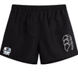The Austin Huns Rugby Tactic Short by EMB Canterbury features a white logo on the left leg and a blue, black, and white badge with text on the right—versatile men's gym or rugby shorts perfect for active wear.