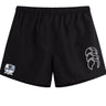 The Austin Huns Rugby Tactic Short by EMB Canterbury features a white logo on the left leg and a blue, black, and white badge with text on the right—versatile men's gym or rugby shorts perfect for active wear.