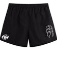 The Clarksville Headhunters Tactic Short by EMB Canterbury features black athletic fabric, an elastic waistband, a white "HH" logo on the left leg, and a white claw design on the right—perfect for gym or rugby wear.