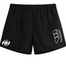 The Clarksville Headhunters Tactic Short by EMB Canterbury features black athletic fabric, an elastic waistband, a white "HH" logo on the left leg, and a white claw design on the right—perfect for gym or rugby wear.
