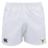 The Hornets Rugby Club Advantage Rugby Shorts by EMB Canterbury feature a black Canterbury logo on the left leg, a yellow Hornets emblem on the right, and moisture-wicking fabric for comfort on and off the field.
