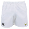 The Hornets Rugby Club Advantage Rugby Shorts by EMB Canterbury feature a black Canterbury logo on the left leg, a yellow Hornets emblem on the right, and moisture-wicking fabric for comfort on and off the field.