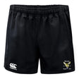 The Hornets Rugby Club Advantage Rugby Shorts by EMB Canterbury feature an elastic waistband, moisture-wicking fabric, the Canterbury logo on the left leg, and the Hornets Rugby Club emblem on the right.