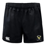The Hornets Rugby Club Advantage Rugby Shorts by EMB Canterbury feature an elastic waistband, moisture-wicking fabric, the Canterbury logo on the left leg, and the Hornets Rugby Club emblem on the right.