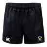 The Hornets Rugby Club Advantage Rugby Shorts by EMB Canterbury feature an elastic waistband, moisture-wicking fabric, the Canterbury logo on the left leg, and the Hornets Rugby Club emblem on the right.