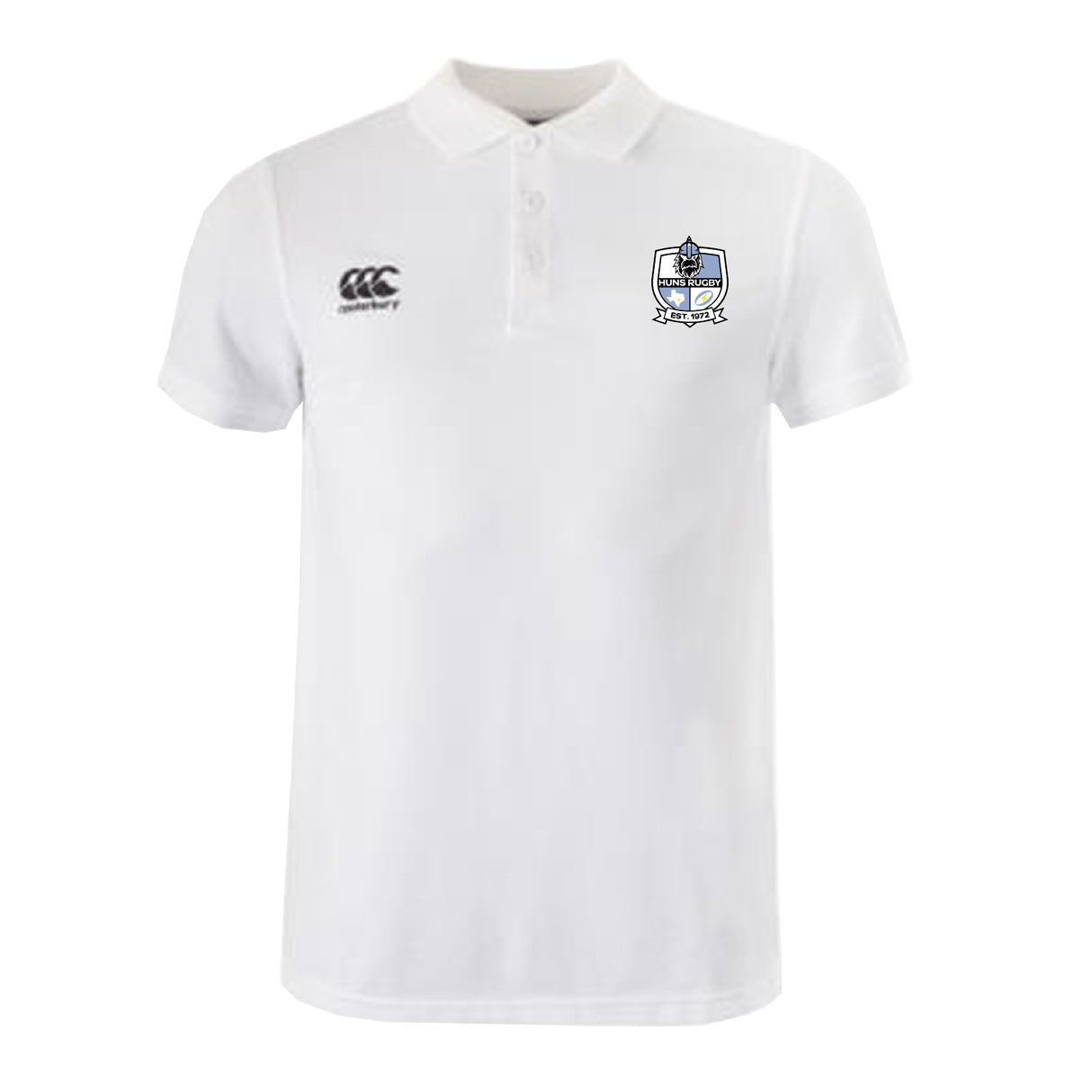 The Austin Huns Rugby Waimak Polo by EMB Canterbury features short sleeves, the CCC logo on the right chest, and a blue and black school crest on the left—a top choice for any rugby fan's shirt collection.