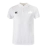 The Clarksville Headhunters Waimak Polo by EMB Canterbury is a white short-sleeve rugby polo with chest buttons and two black logos—perfect men's rugby fan apparel.