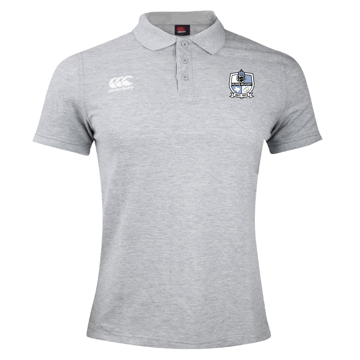 The Austin Huns Rugby Waimak Polo by EMB Canterbury is a light grey short-sleeve shirt with a buttoned collar, left chest logo, and right-side Canterbury branding—ideal for any rugby fan’s collection.