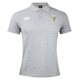 The Hornets Rugby Club Waimak Polo by EMB Canterbury features light grey fabric, a button collar, white Canterbury logo on the right chest, and a hornet club emblem with text on the left—ideal for rugby fans.