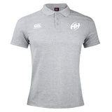 The Clarksville Headhunters Waimak Polo by EMB Canterbury is a light grey men's polo with a collar, three buttons, and features white Canterbury and HH logos on the chest—ideal for rugby fans.