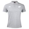 The Clarksville Headhunters Waimak Polo by EMB Canterbury is a light grey men's polo with a collar, three buttons, and features white Canterbury and HH logos on the chest—ideal for rugby fans.