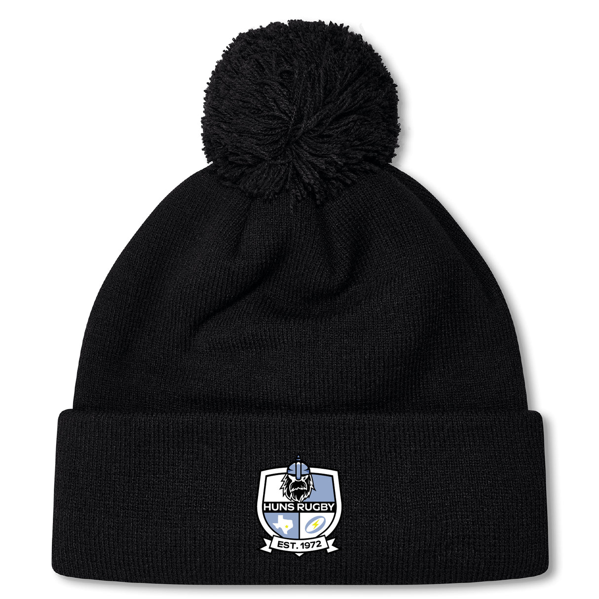 Stay warm in the Austin Huns Rugby Pom Pom Beanie by Canterbury, fleece-lined for extra comfort and featuring a "Huns Rugby Est. 1972" embroidered patch on the front cuff. Brand: EMB Canterbury.