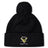 The Hornets Rugby Club Pom Pom Beanie by EMB Canterbury is a black fleece-lined knit hat with a pom-pom and embroidered "Hornets Rugby Club 1977" logo—perfect for rugby fans.